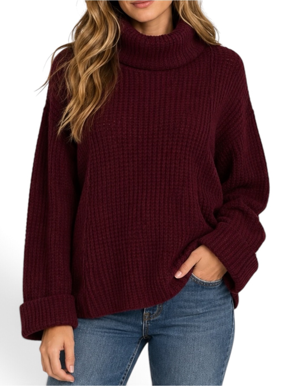 Free People Sidewinder Sweater XS Burgundy 100% Wool Waffle Knit Oversized